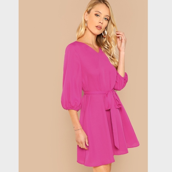 Lantern Sleeve Tie Belted Fuchsia Hot Pink Dress - Picture 3 of 7